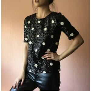 J CREW Sequin Top sz S Black & White Polka Dot Shirt